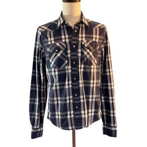 VTG Hollister 100% Cotton Shirt Pearl Snap Close Blue White Plaid Western Large